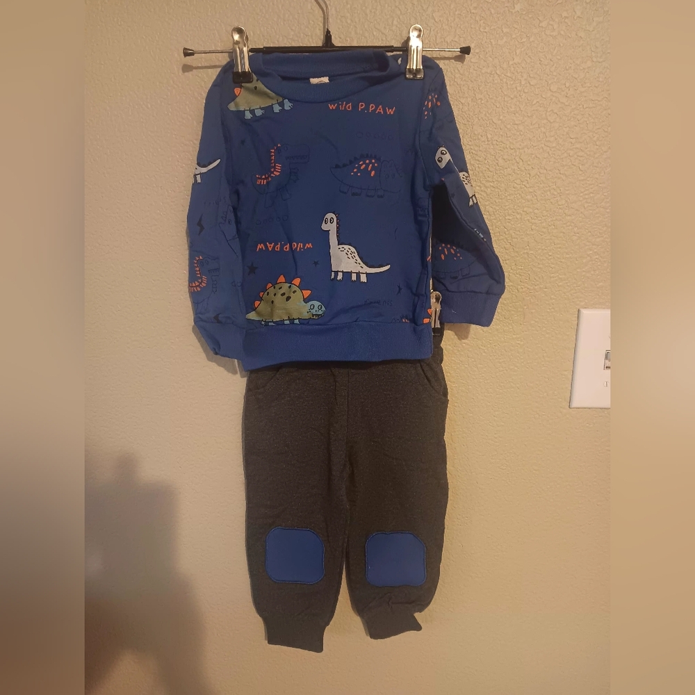 Blue Dinosaur Print Sweatshirt and Gray Pants Set
